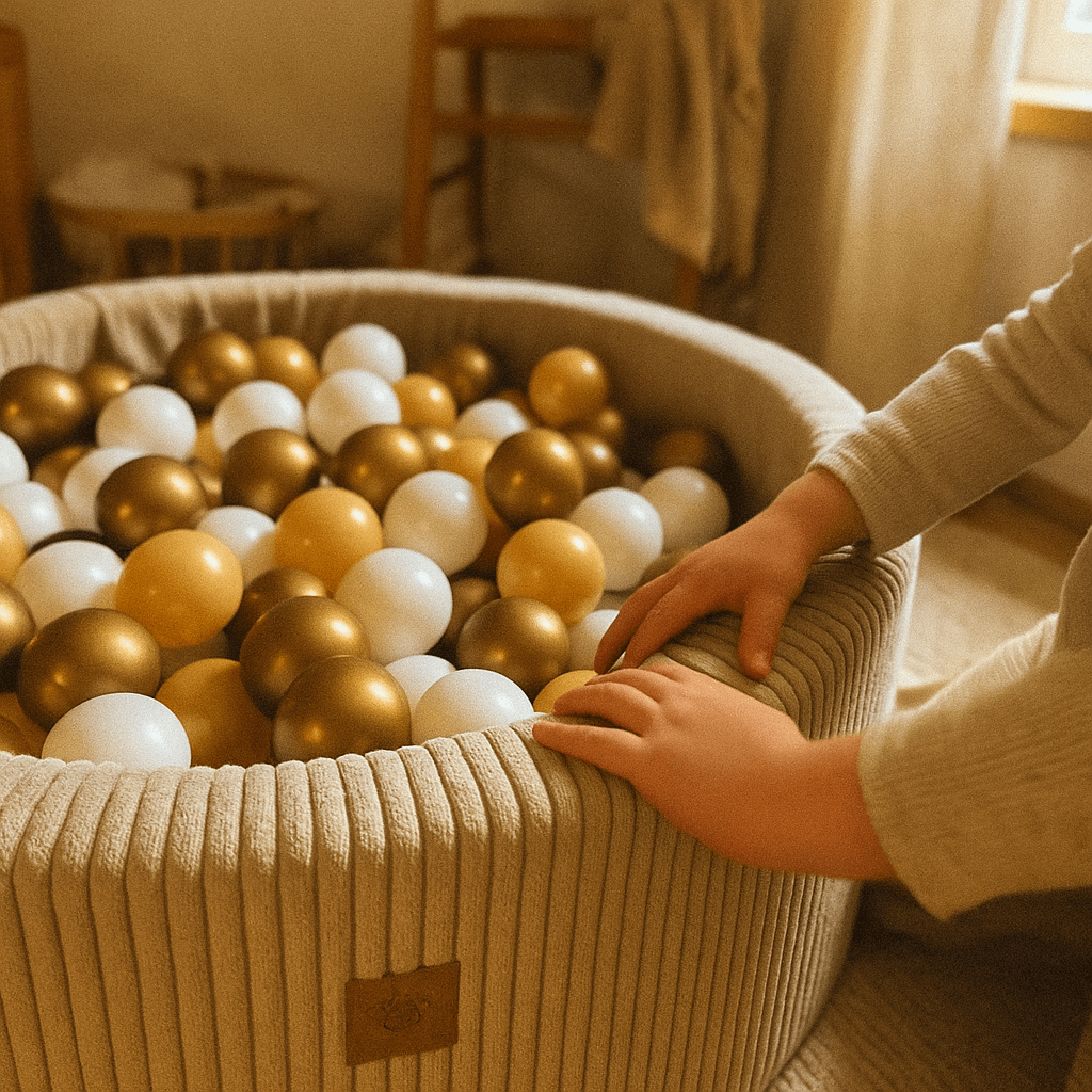 Luna boldbassin – Ecru fløjl, guld & beige bolde - Eventyrtid