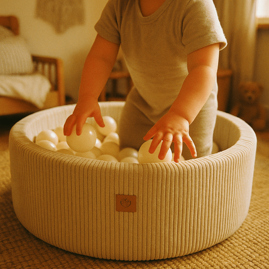 Luna boldbassin – Ecru fløjl, hvide perlebolde - Eventyrtid