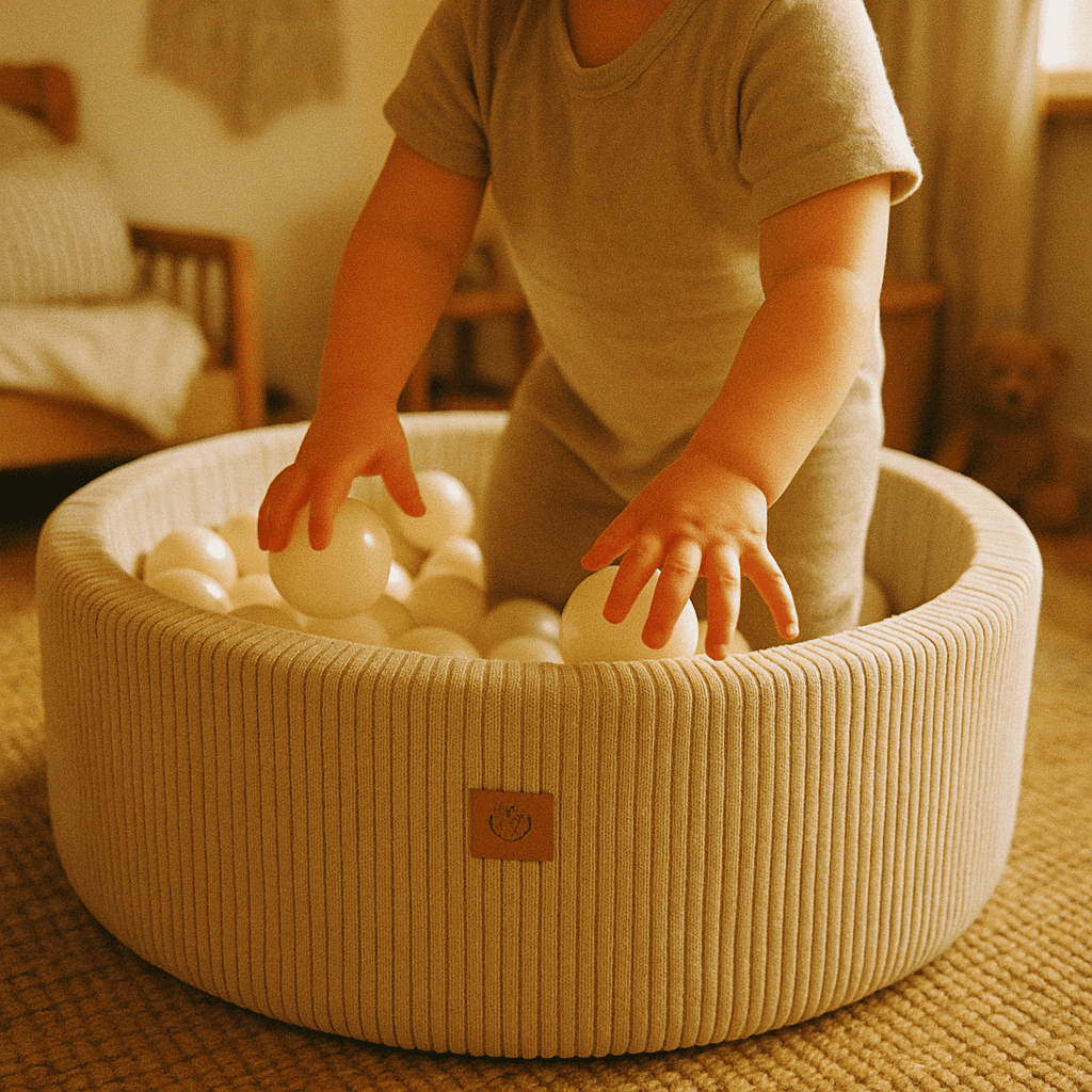 Luna boldbassin – Ecru fløjl, hvide perlebolde - Eventyrtid