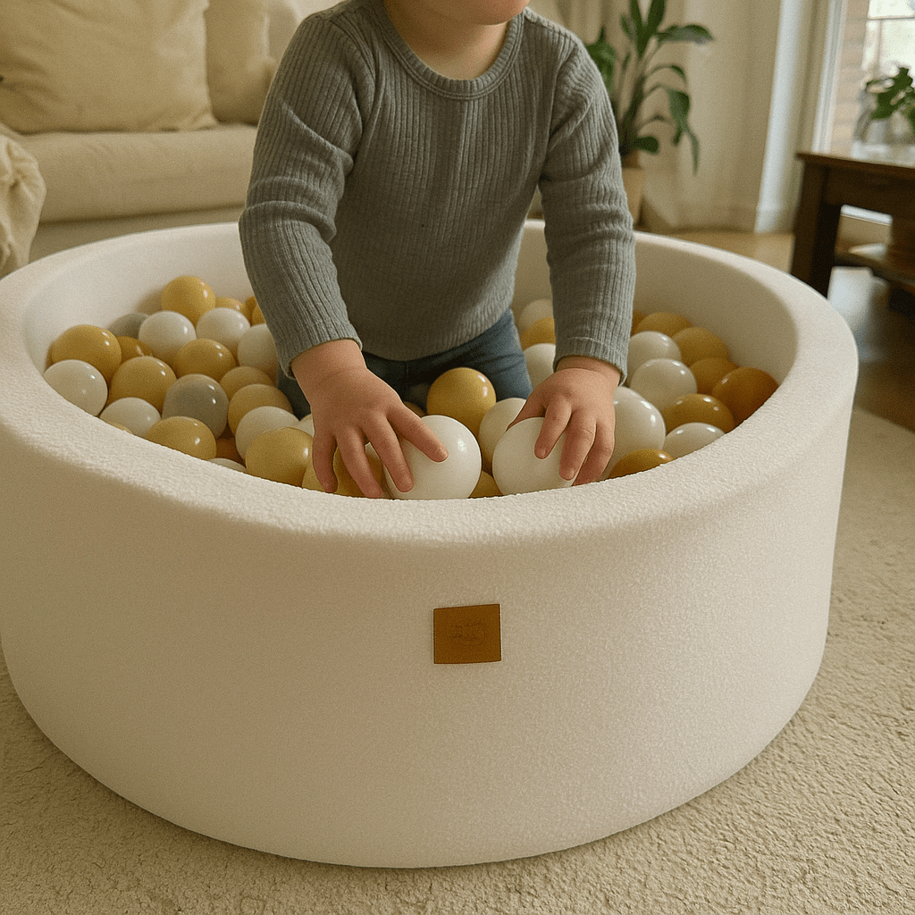 Luna boldbassin – Hvid bouclé, guld, beige & gennemsigtig bolde - Eventyrtid